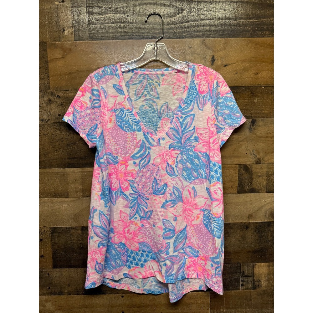 Lilly‎ Pulitzer Womens T-Shirt V-Neck Short Sleeve Pineapple Floral Print Top